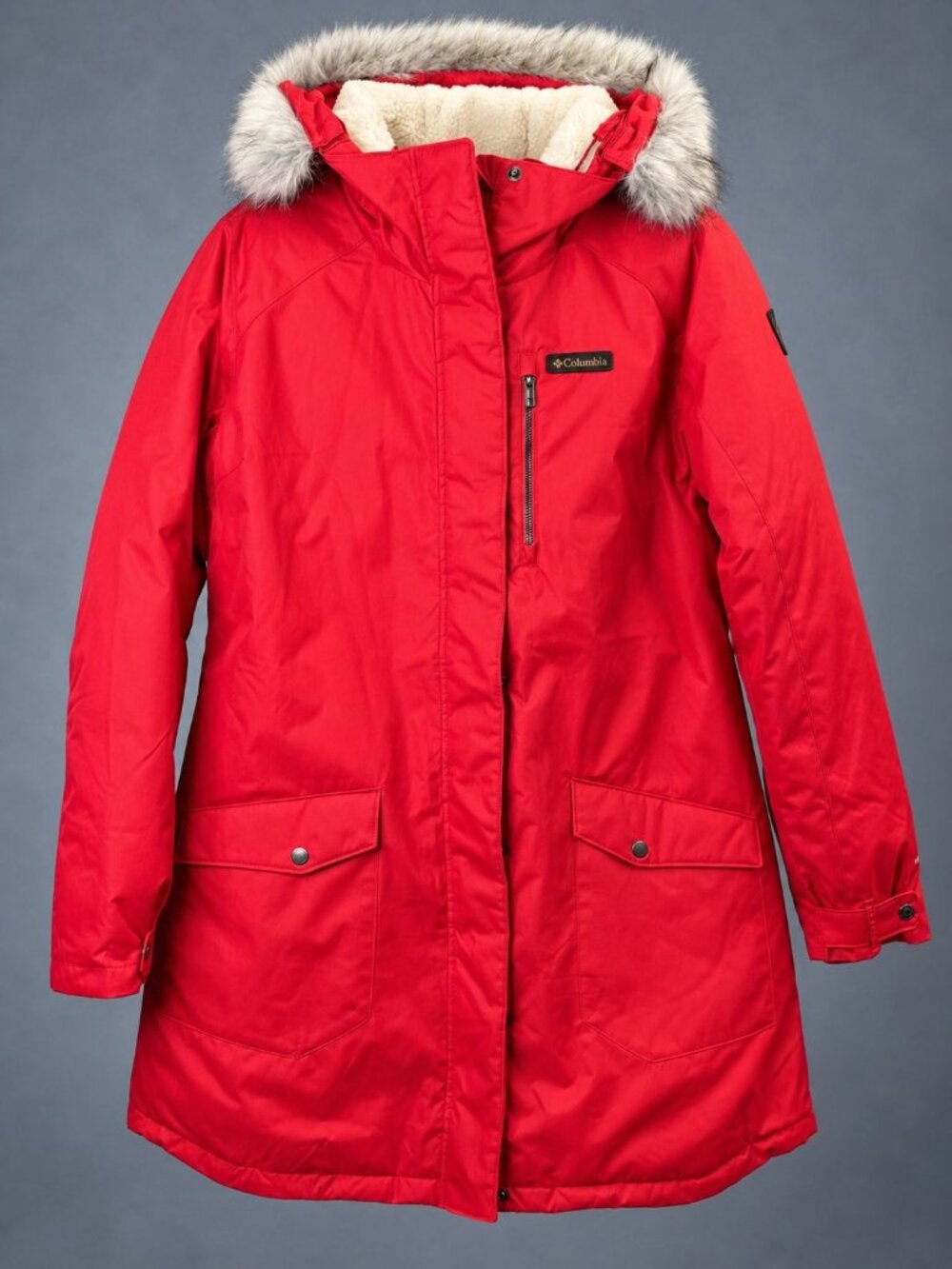Columbia Womens XL Coat Red Suttle Mountain Long Insulated Faux Fur Hooded Parka